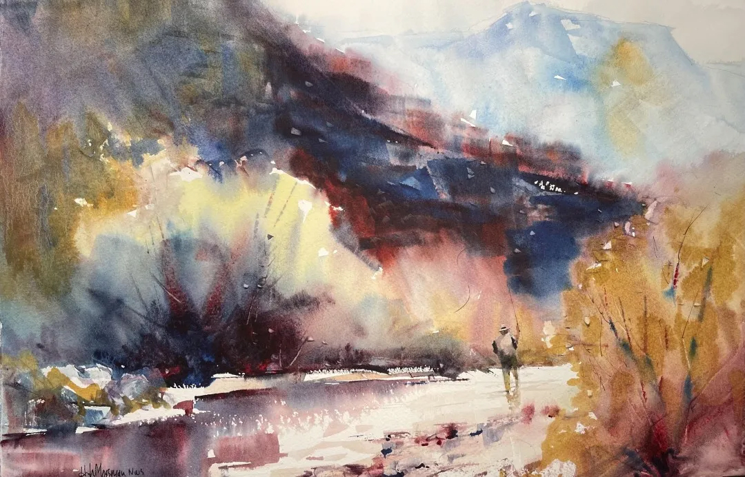 Hugh Mossman watercolor painting "Alone on the River" 