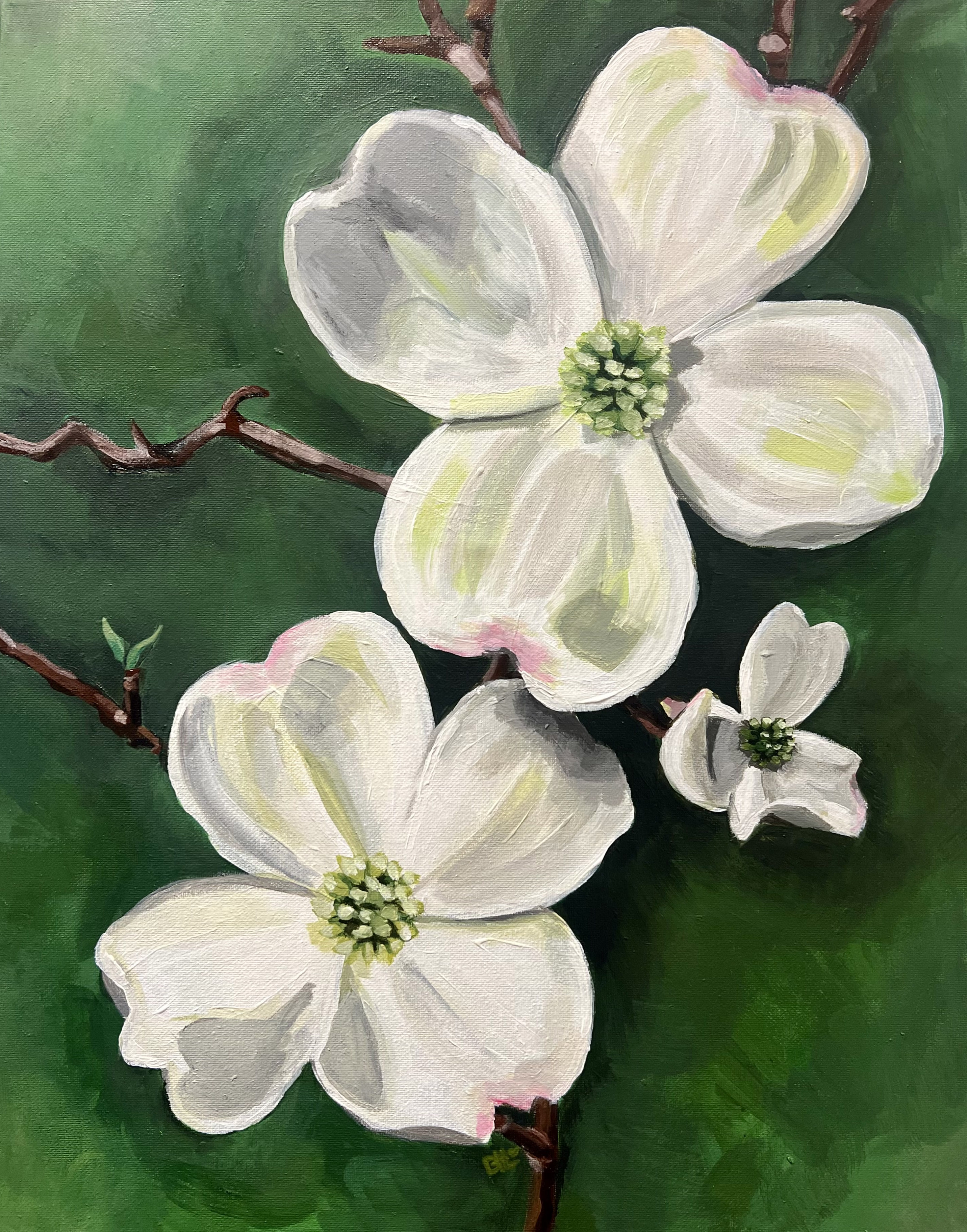 Dylana Lynch's "Birch Avenue" painting, depicting three dogwood blossoms