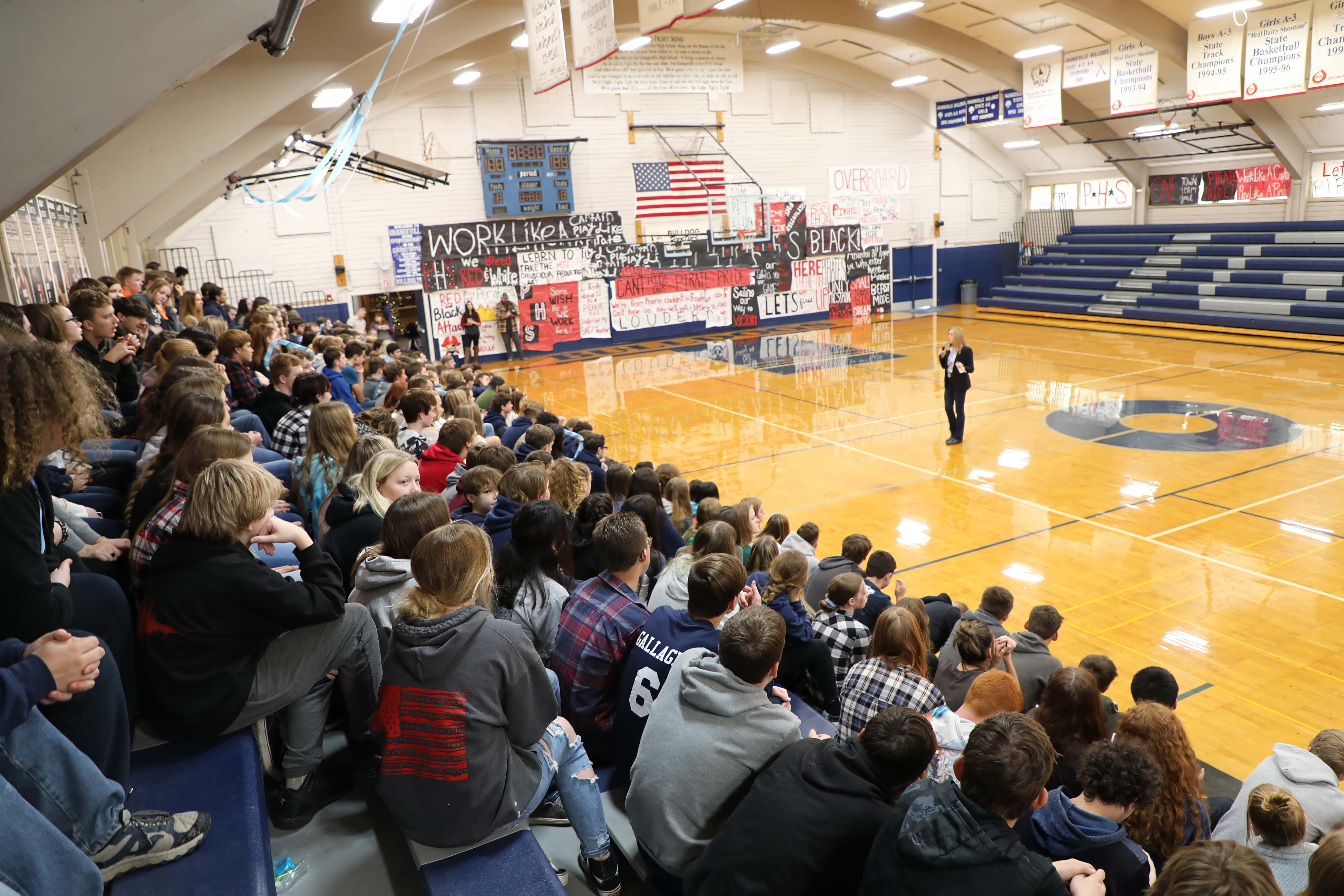President Pemberton speaks to large group of students at an ETS event held in Grangeville High School Gymnasium