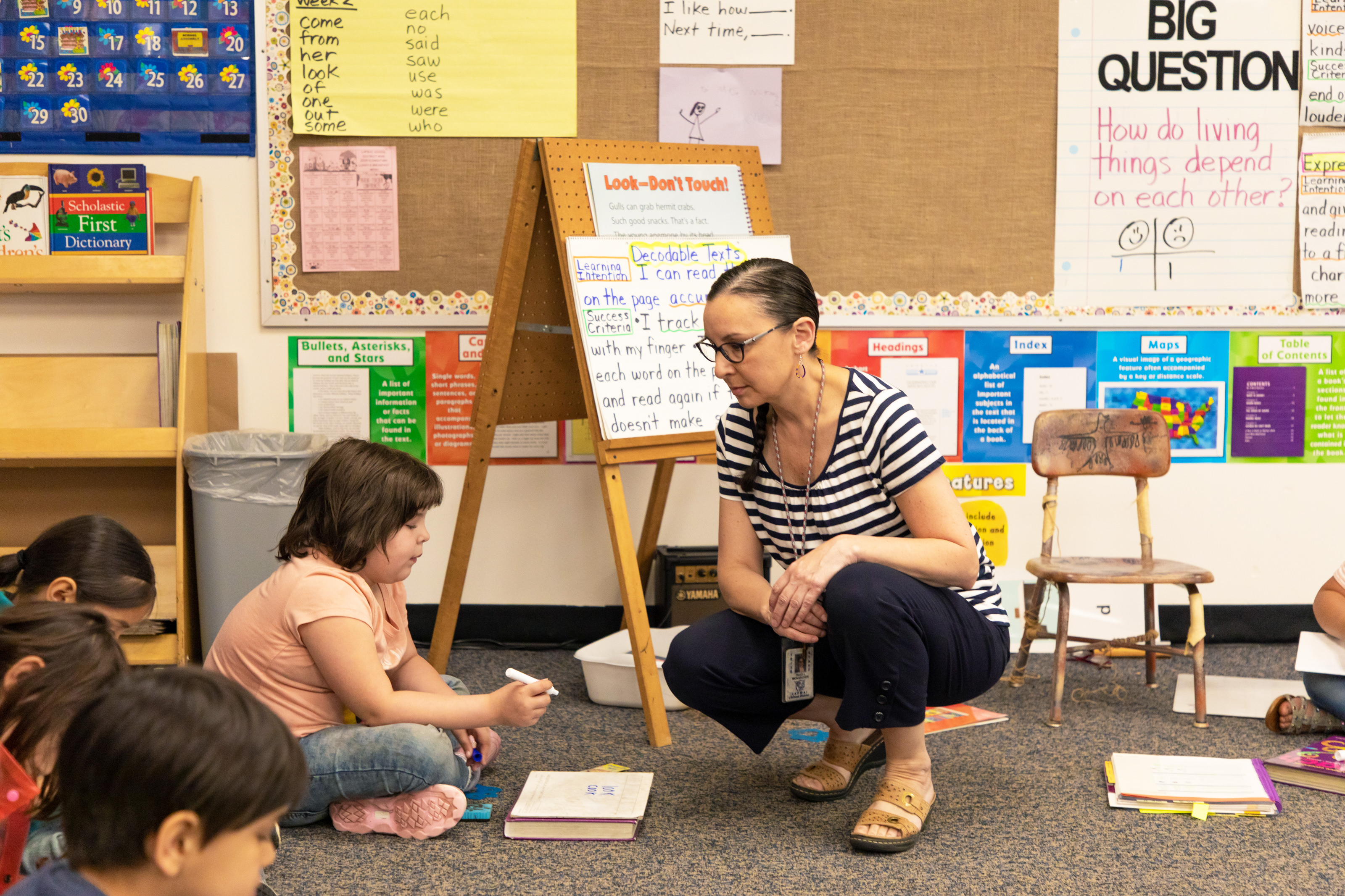 Female teacher teaching young student reading