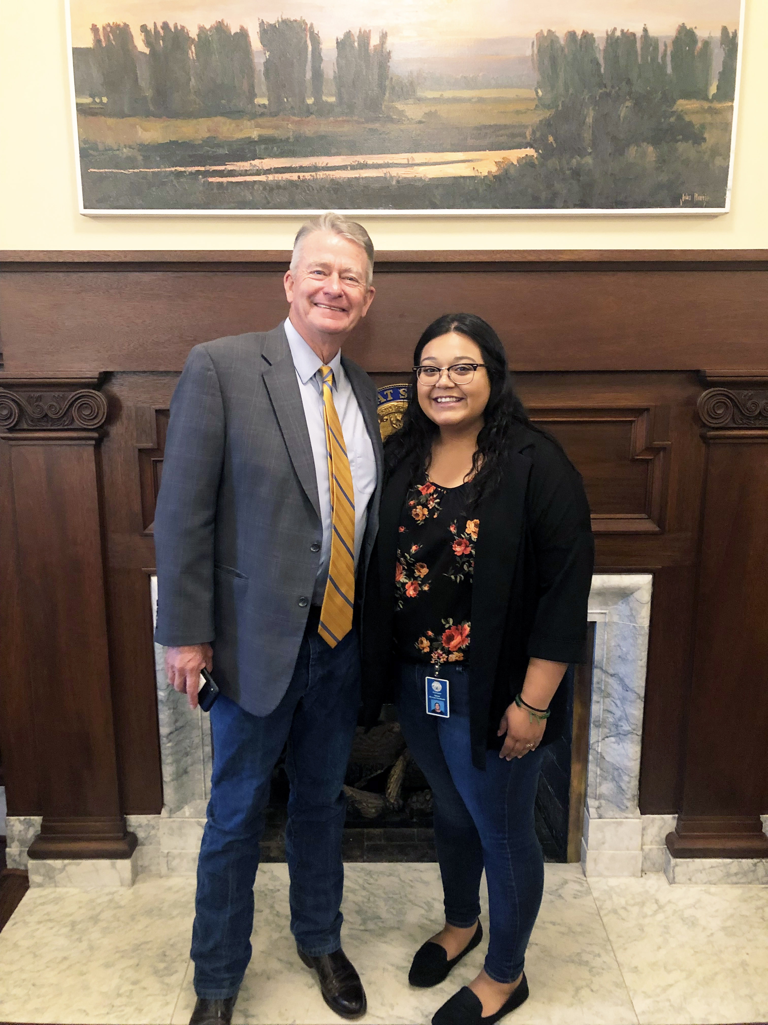 Idaho Gov. Brad Little and LC State senior Myriam Pacheco Arredondo 