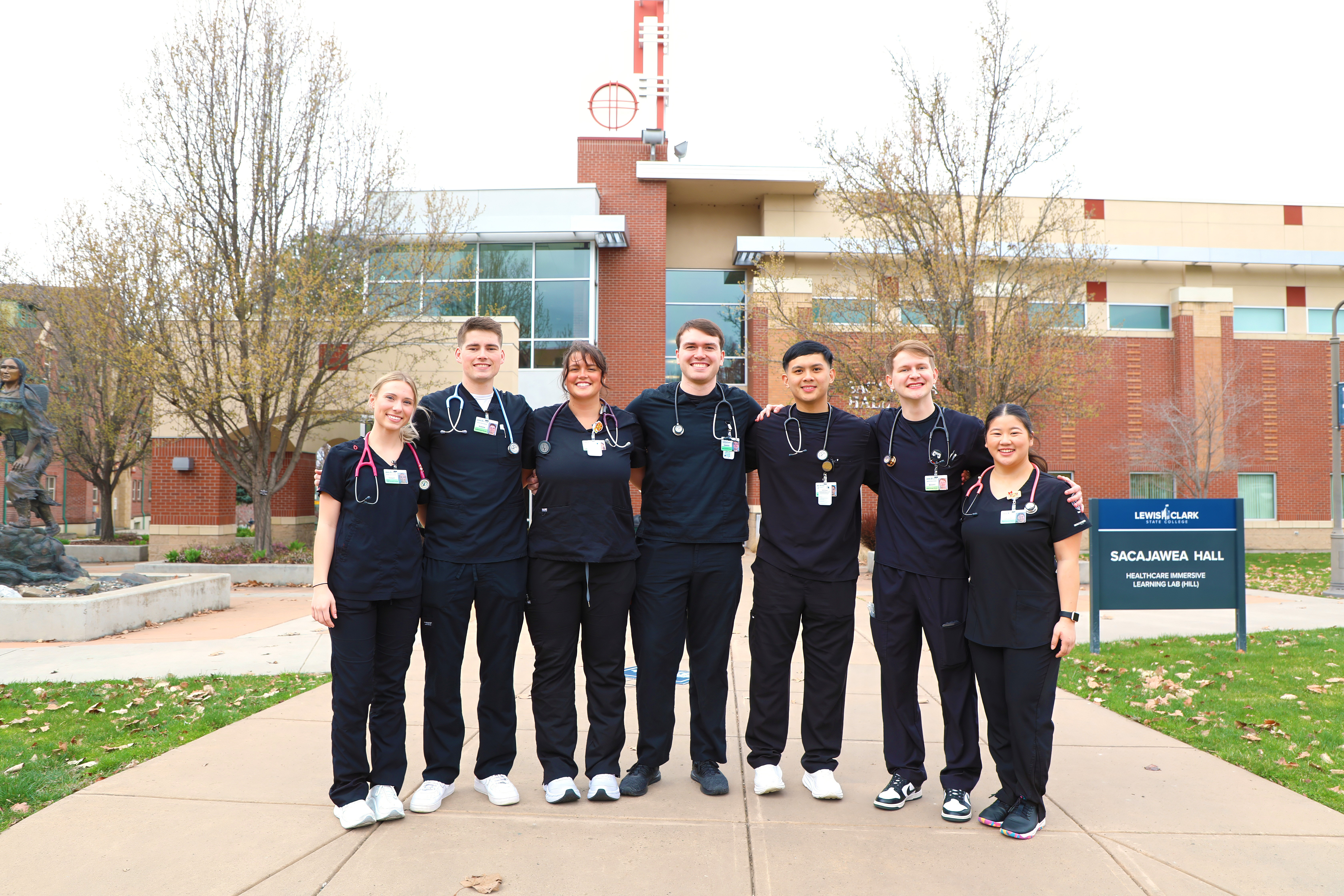 Lewis-Clark State College nursing students pose for a group photo in front of Sacajawea Hall on campus