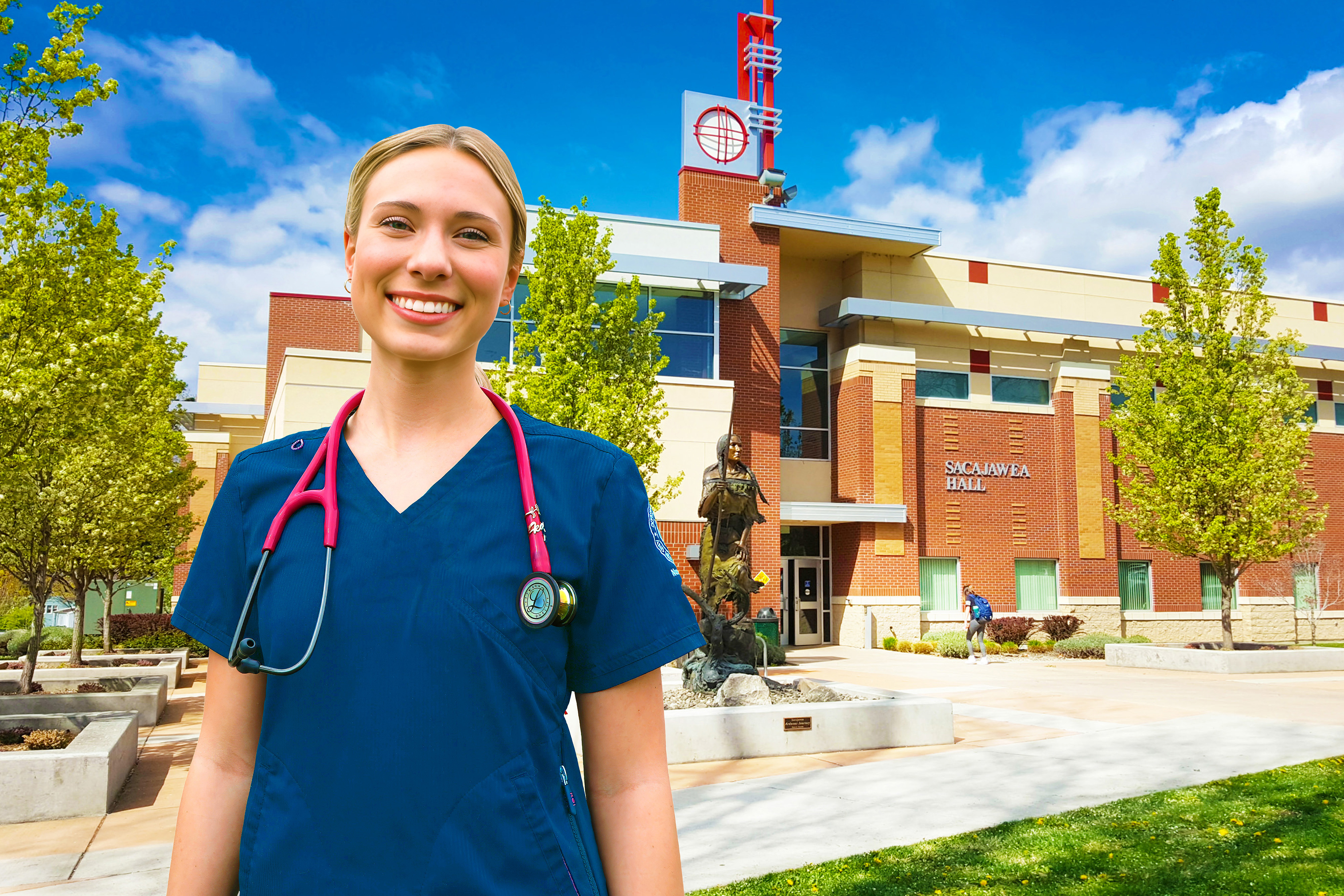 Nursing student in front of Sac Hall